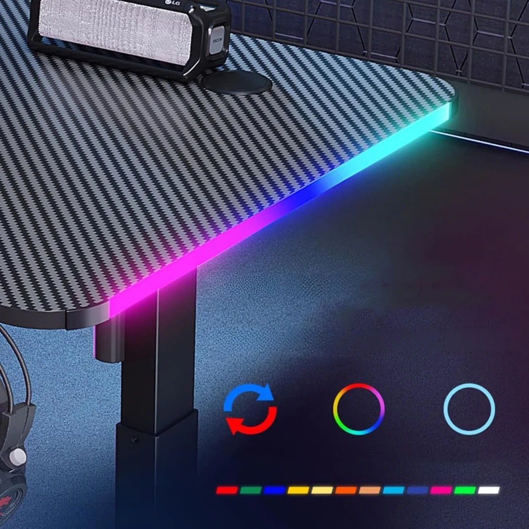 110cm RGB Carbon Fiber Gaming Desk Table with Cup & Speaker Holders - Black