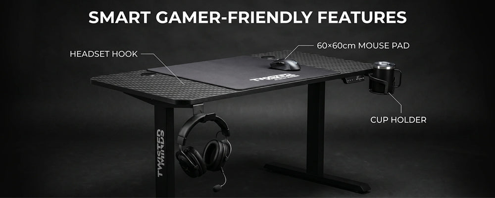 Twisted Minds Paradox Adjustable Gaming Desk, 120x60 cm,with Cup Shelf, Headphone Hook & Mousepad - White (Installation Not Included)
