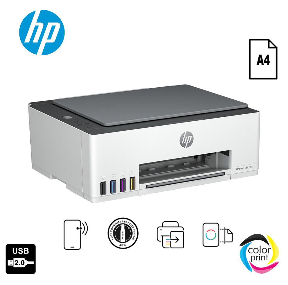 طابعة HP Smart Tank 580 متعددة الوظائف - سرعة طباعة 12 صفحة في الدقيقة / دقة 4800 نقطة في البوصة / مقاس A4 / منفذ USB / واي فاي / بلوتوث / طابعة نفث حبر ملونة - 1F3Y2A
