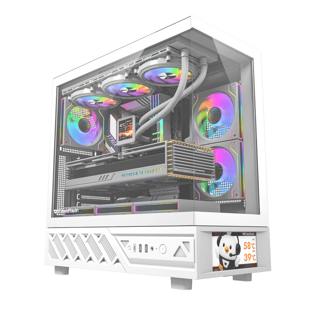 كيس كمبيوتر DarkFlash DS950V بحجم ATX مع ٦ مراوح وشاشة LED – أبيض
