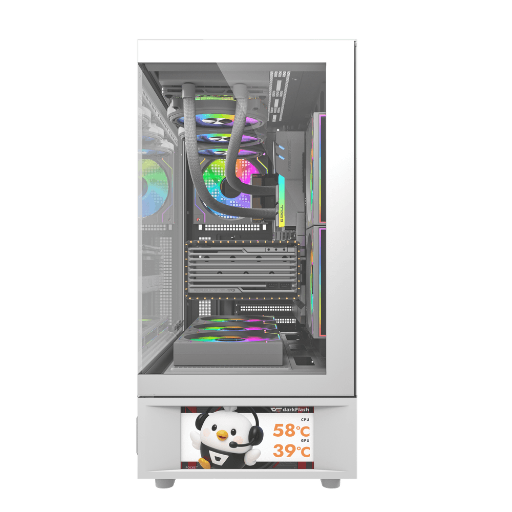 كيس كمبيوتر DarkFlash DS950V بحجم ATX مع ٦ مراوح وشاشة LED – أبيض
