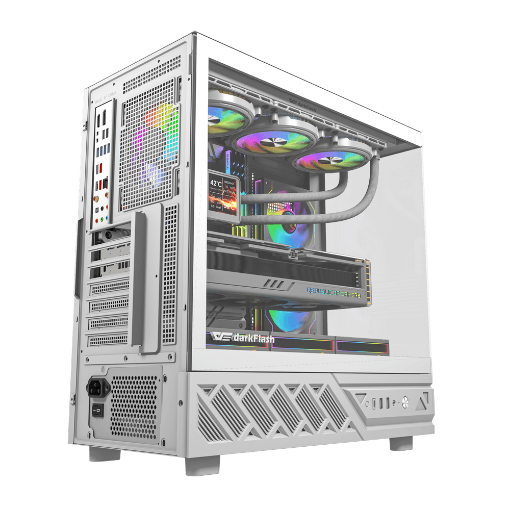 كيس كمبيوتر DarkFlash DS950V بحجم ATX مع ٦ مراوح وشاشة LED – أبيض