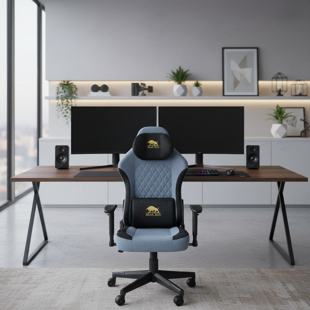 Gaming Chair With Molded Headrest Up & Down - Fabric ,Blue- Black By Black Bull