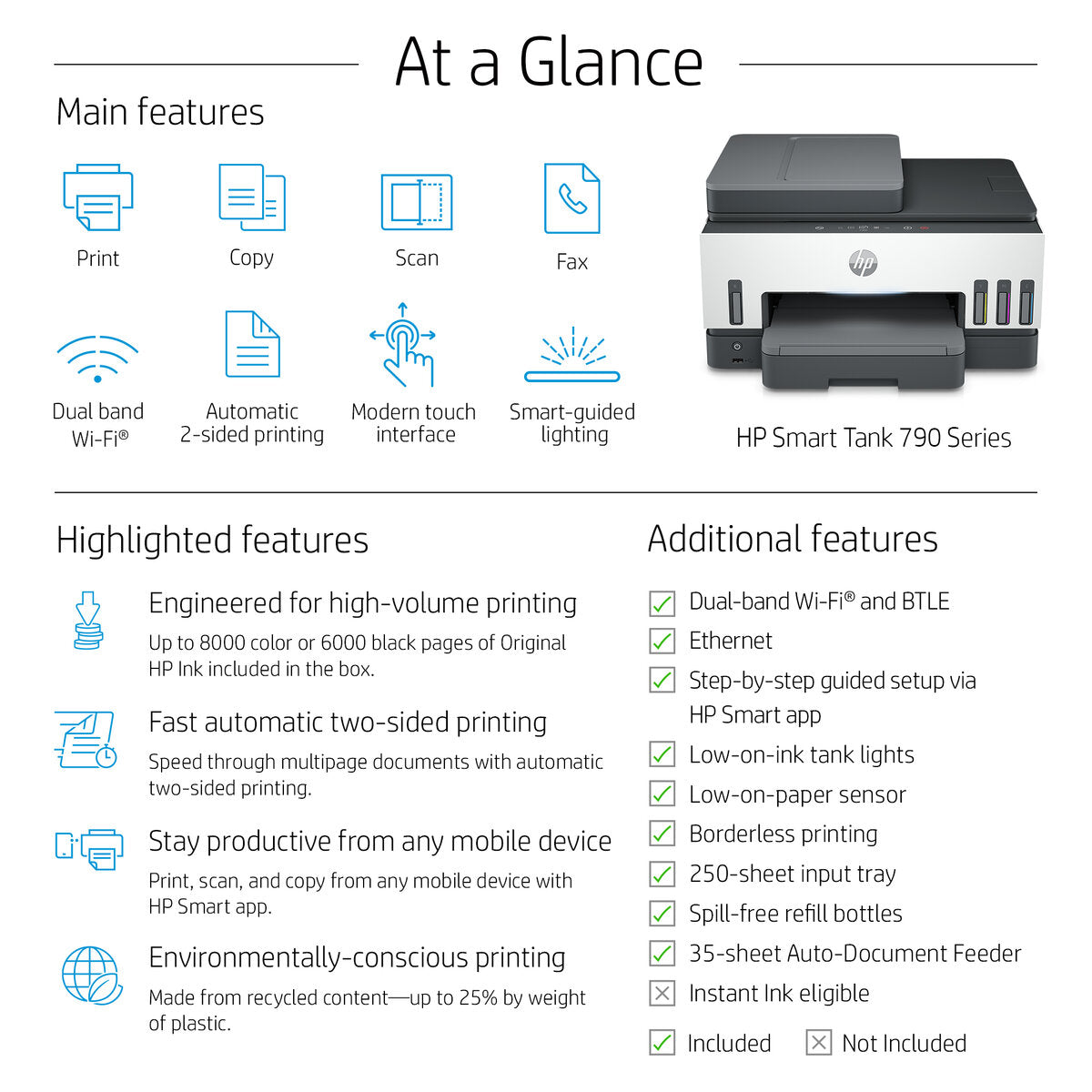 HP Smart Tank 790 AIO - 15ppm / 4800dpi / A4 / USB / LAN / Wi-Fi / FAX / Bluetooth / Color Inkjet - Printer