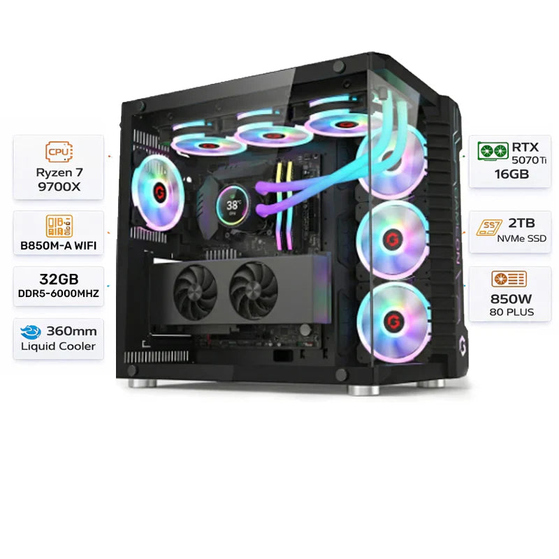 Custom PC Gaming AMD Ryzen 7 9700X, RTX 5070 Ti 16GB, 32GB RAM DDR5 6000MHz, 2TB NVMe, Windows 11 Pro
