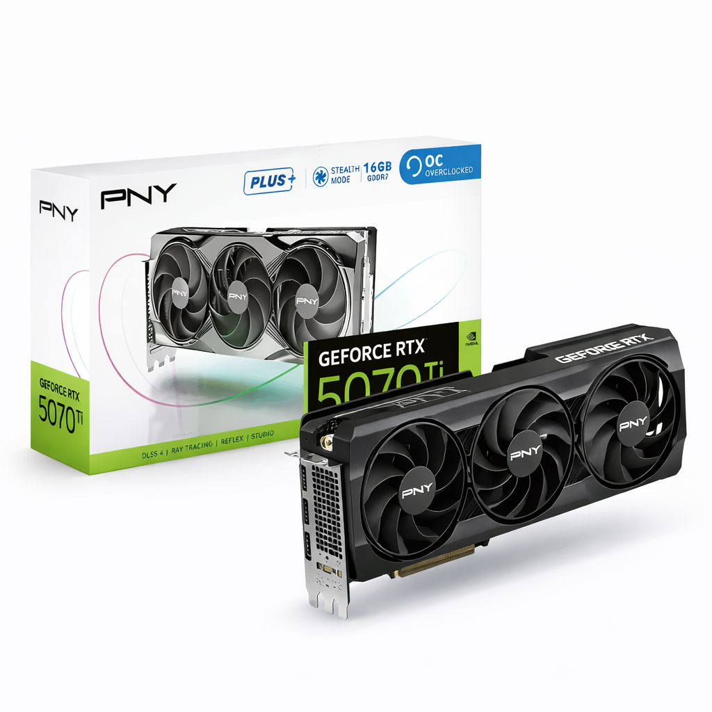 بي إن واي كارت شاشة إنفيديا جيفورس آر تي إكس 5070 تي آي إصدار كسر السرعة بثلاث مراوح بسعة 16 جيجابايت من نوع جي دي دي آر 7 مخصص للألعاب - أسود