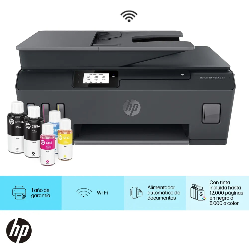 طابعة HP Smart Tank 530 اللاسلكية متعددة الوظائف - 11 صفحة في الدقيقة / 4800 نقطة في البوصة / A4 / USB / Wi-Fi / Bluetooth / طابعة نفث الحبر الملونة - 4SB24A