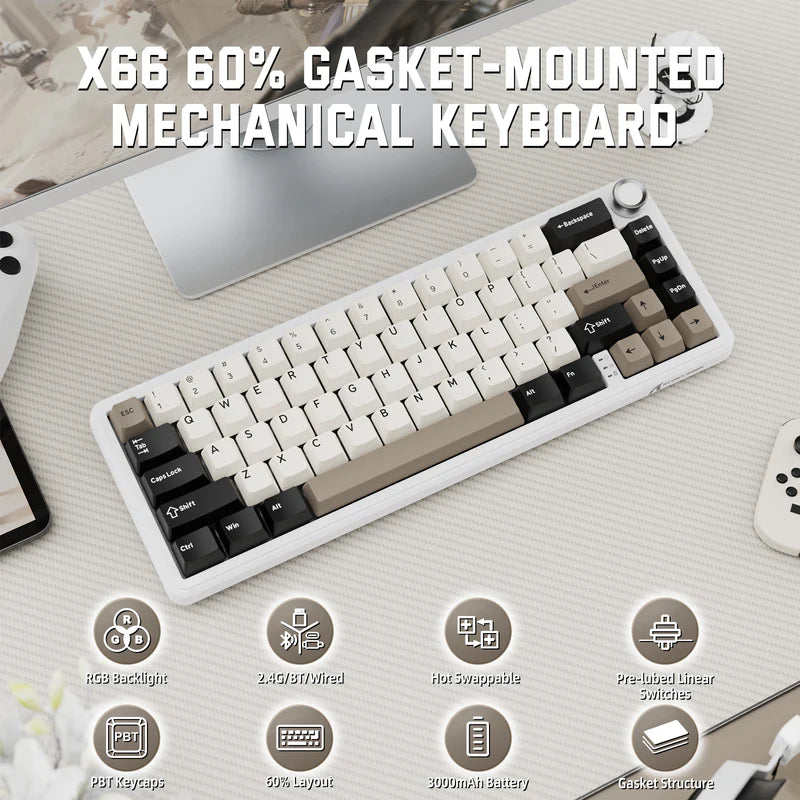 ATTACK SHARK X66 60% Wireless Mechanical Keyboard with Side Printed PBT Keycaps - Cheese White (Arabic)
