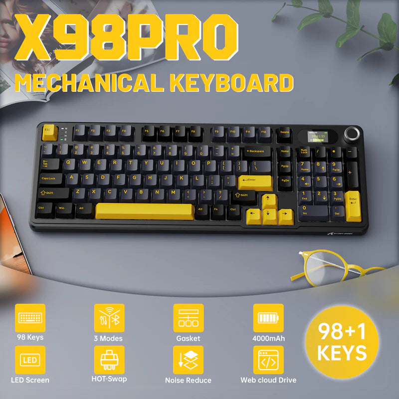 ATTACK SHARK X98PRO 99 Keys Tri-Mode Gaming Keyboard with LED Color Display & Number Pad - Black Star Blueberry switch (Arabic)
