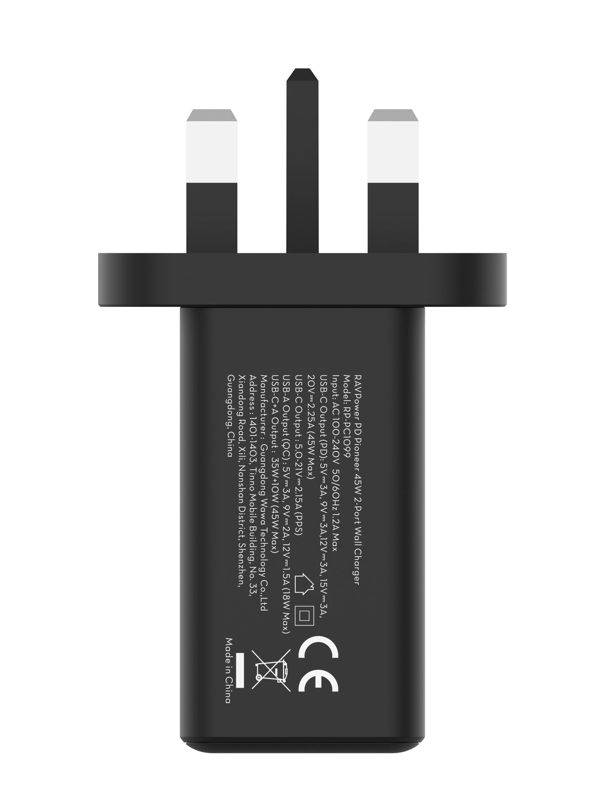 راف باور RP-PC1099 GaN 5.0 شاحن حائط ثنائي المنافذ PD 45 واط أسود
