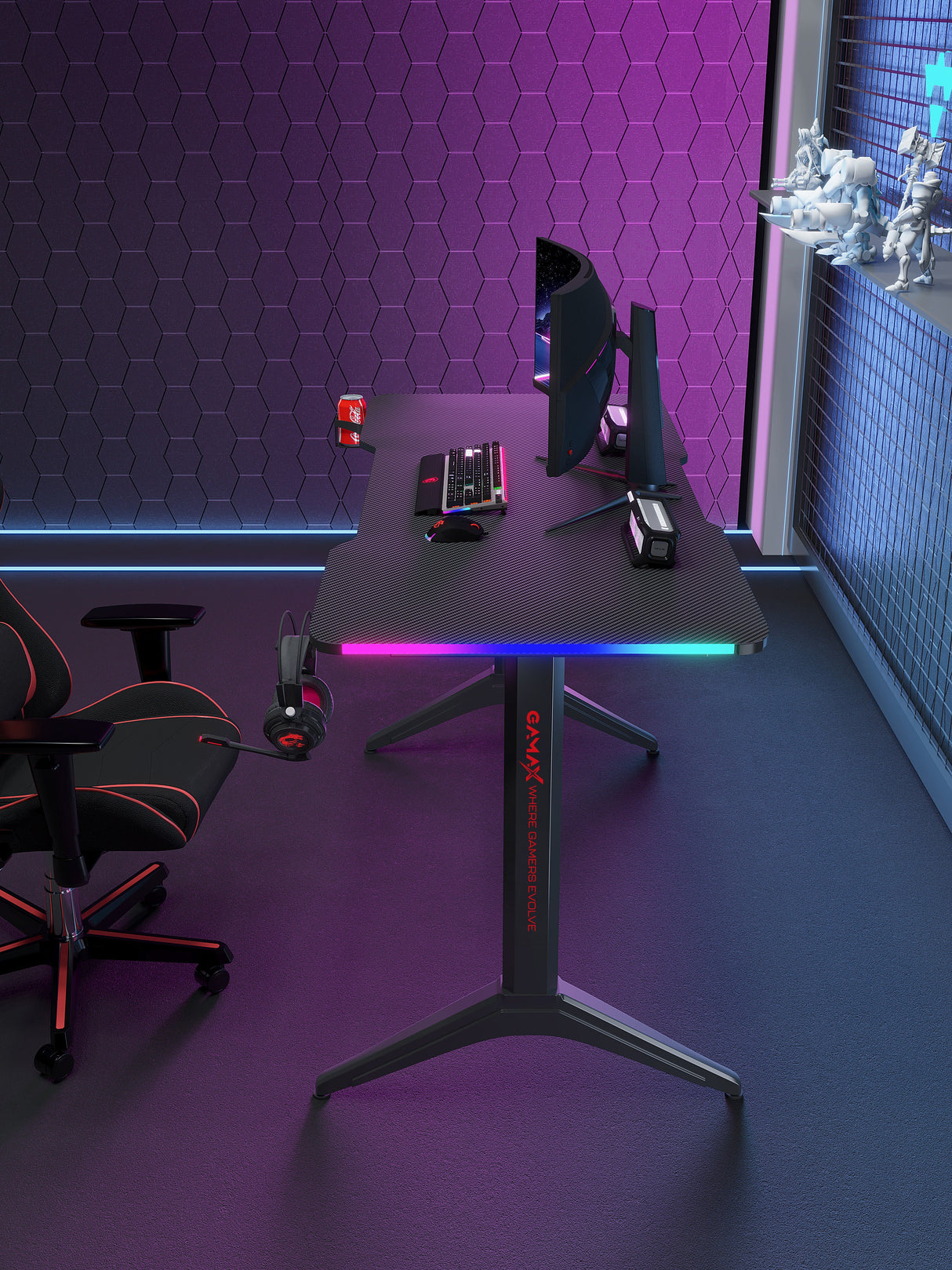 طاولة ألعاب Gamax RGB سوداء من ألياف الكربون، مقاس 120 × 60 × 74 سم، تتضمن لوحة ماوس مع لوحة مفاتيح، وشاشة ألعاب ST-Seal مقاس 22 بوصة بدقة FHD 1920 × 1080، ومعدل تحديث 120 هرتز، وتقنية IPS، ولون أسود مطفي، ضمن باقة خاصة.