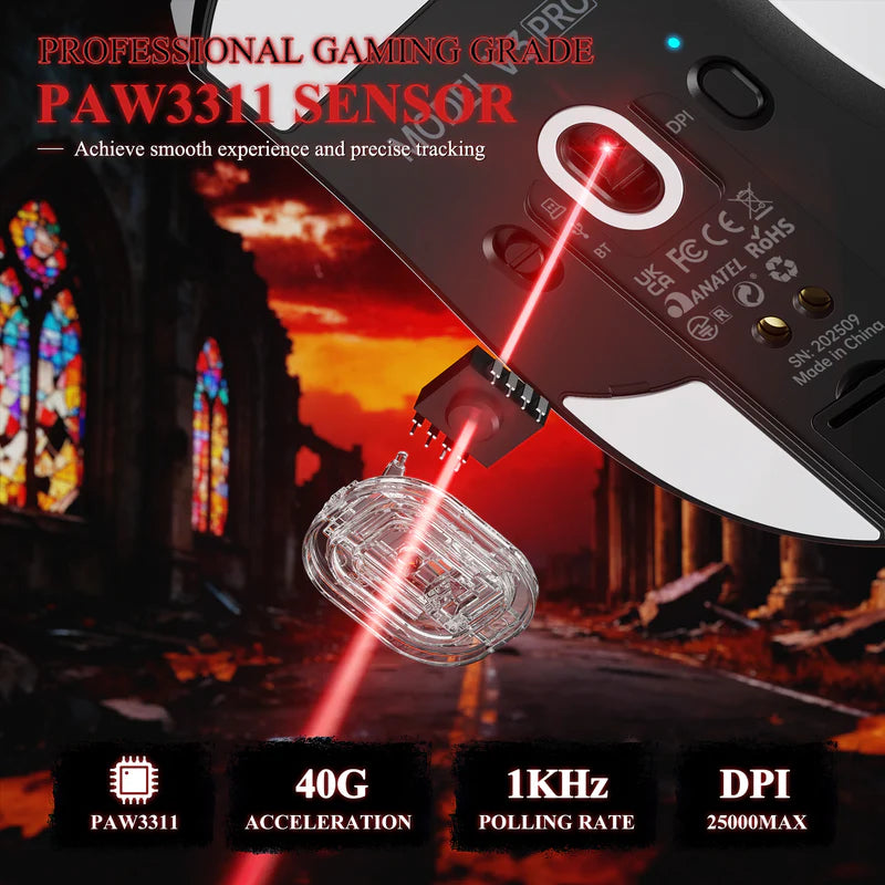 ماوس ألعاب ATTACK SHARK V3PRO فائق الخفة مع قاعدة شحن ونظام Tri-Mode ودقة تصل إلى 25,000 DPI - أبيض