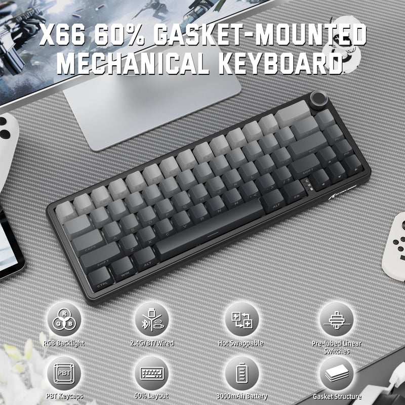 لوحة مفاتيح ميكانيكية لاسلكية ATTACK SHARK X66 60% مع أغطية مفاتيح PBT مطبوعة جانبيًا - Gradient Black Moon Light