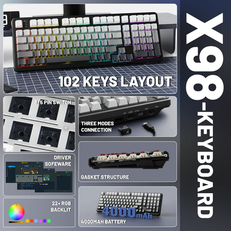 ATTACK SHARK X98 Tri-Mode 102-Keys Wireless Mechanical Keyboard - Gradient Black Moon Light