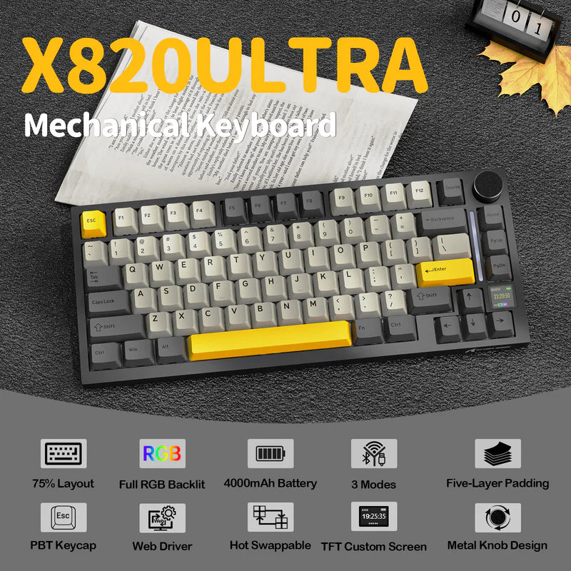 لوحة مفاتيح ميكانيكية ATTACK SHARK X820 Ultra Tri-Mode 75% Gasket - Star Black Moon Light + Shark Switch