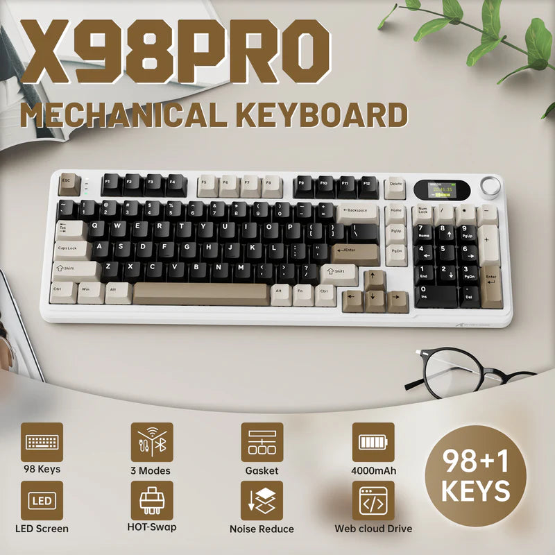 لوحة مفاتيح الألعاب ATTACK SHARK X98PRO بعدد 99 زرًا مع وضع اتصال ثلاثي، وشاشة عرض LED ملوّنة، ولوحة أرقام مدمجة - Cheese White Blueberry Switch