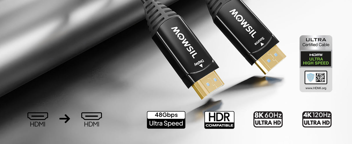 Mowsil 8K HDMI 2.1 Active Optical Cable | 48Gbps High Speed Fiber HDMI, 8K@60Hz, 4K@120Hz, HDR, eARC