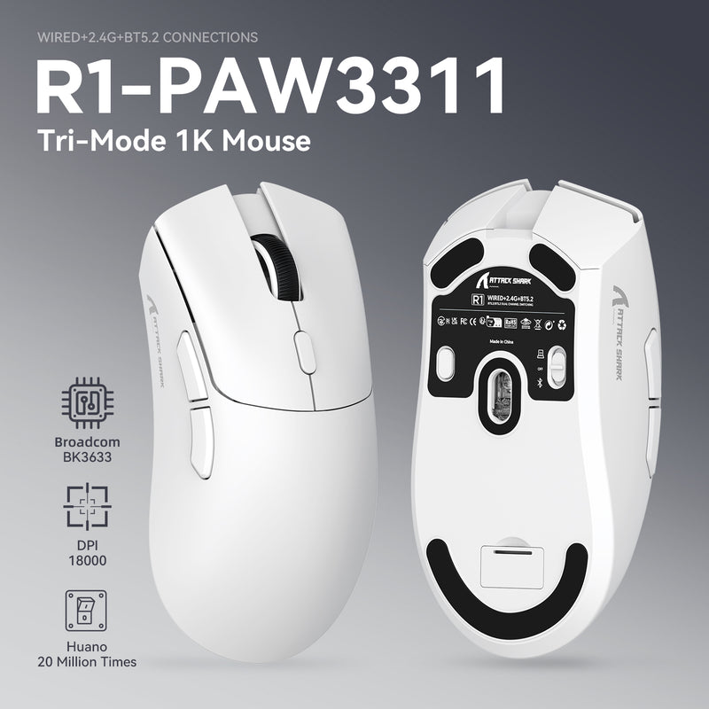 ATTACK SHARK R1 Wireless Gaming Mouse PixArt PAW3311 - White