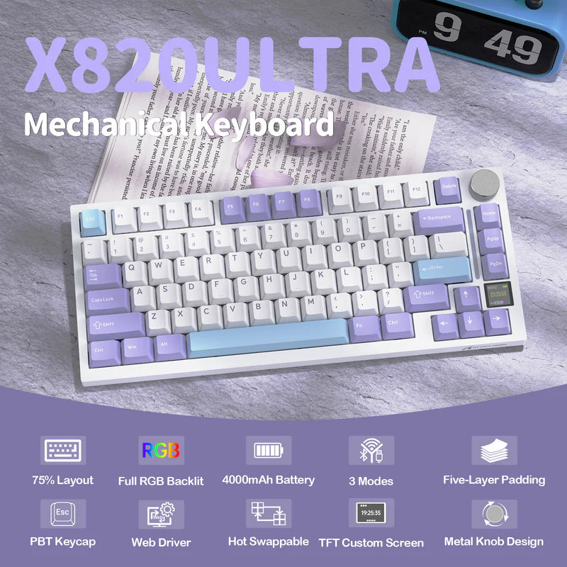 لوحة مفاتيح ميكانيكية ATTACK SHARK X820 Ultra Tri-Mode 75% Gasket - Star White Lavender + Shark Switch