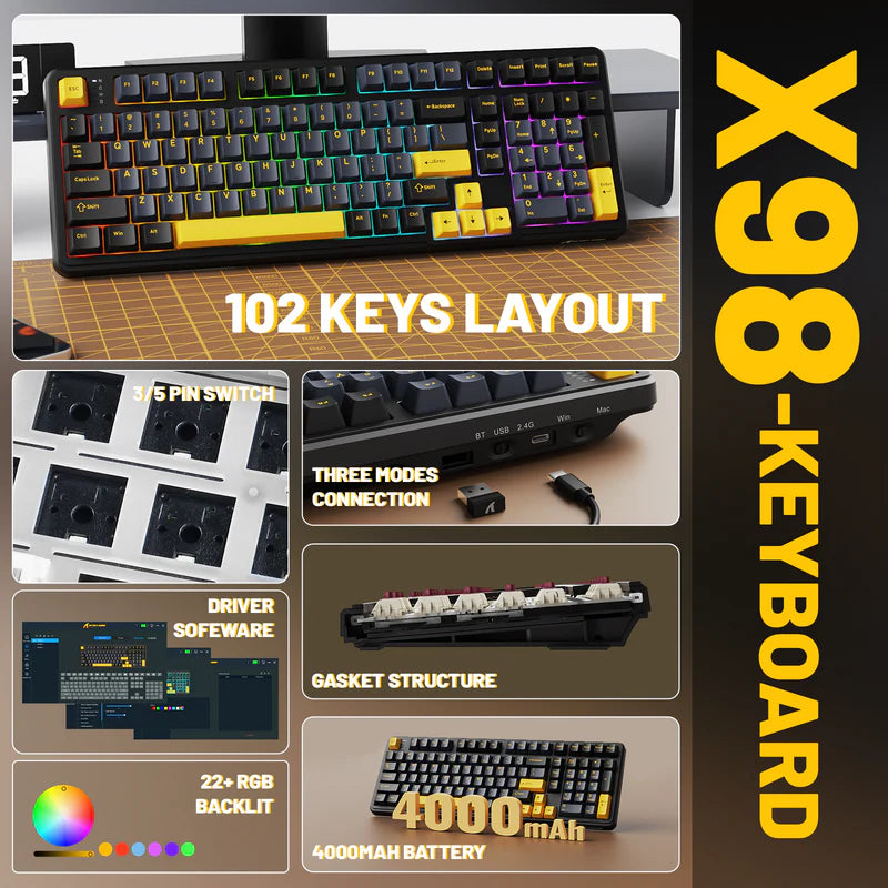 ATTACK SHARK X98 Tri-Mode 102-Keys Wireless Mechanical Keyboard - Star Black (Arabic)