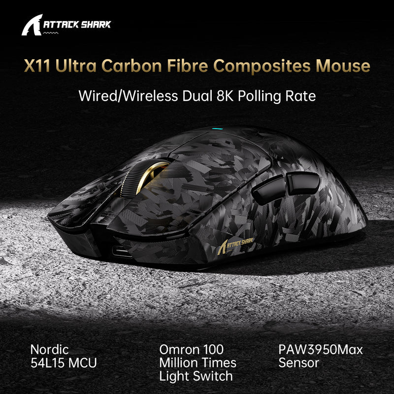ماوس ألعاب ATTACK SHARK X11 ULTRA بوزن 63g، هيكل من ألياف الكربون، اتصال لاسلكي 8K، حساس PAW3950MAX، حتى 42000 DPI و20000 FPS - رمادي