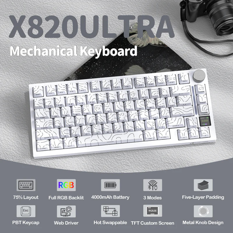 ATTACK SHARK X820 Ultra Tri-Mode 75% Gasket Mechanical Keyboard - White Contours + Shark Switch