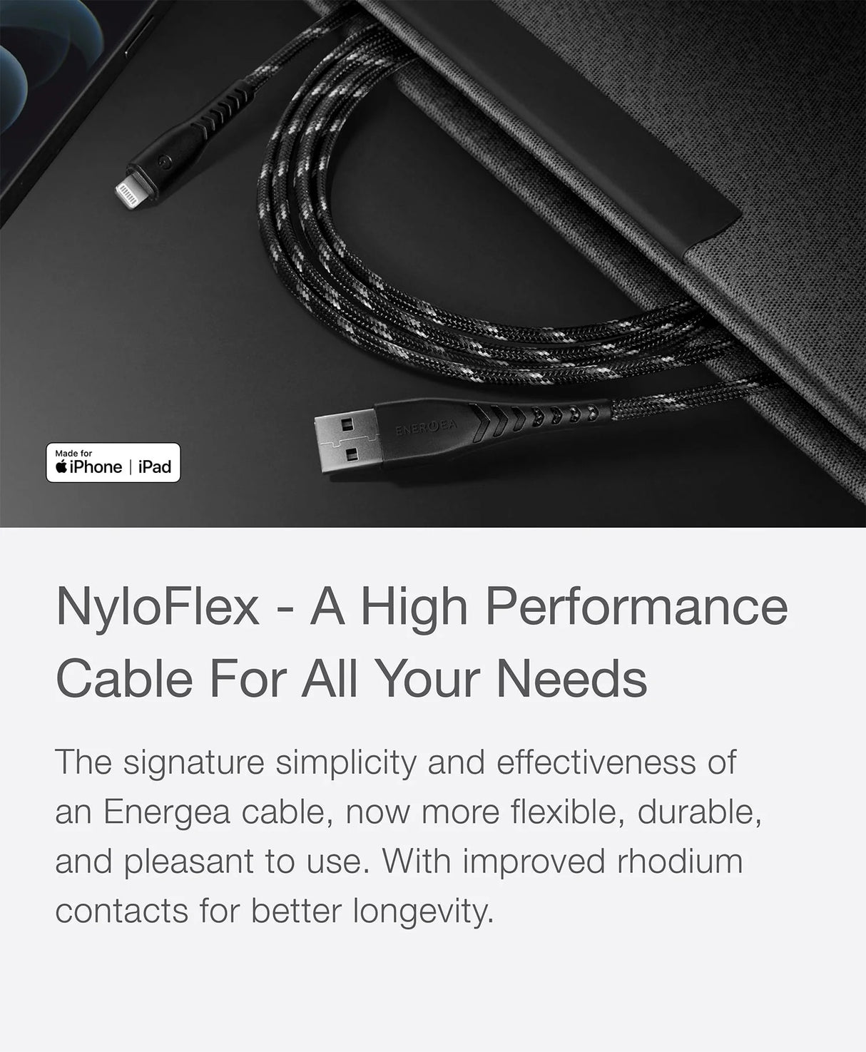 ENERGEA NYLOFLEX CABLE, CHARGE AND SYNC TOUGH LIGHTNING C89 MFI 1.5M – BLACK