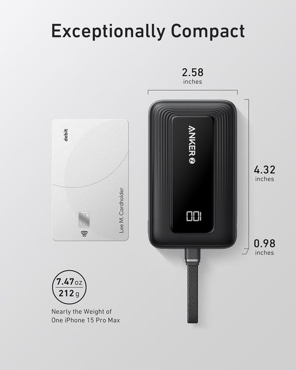 Anker Zolo Power Bank (10K, 30W, Built-In USB-C Cable) - Black