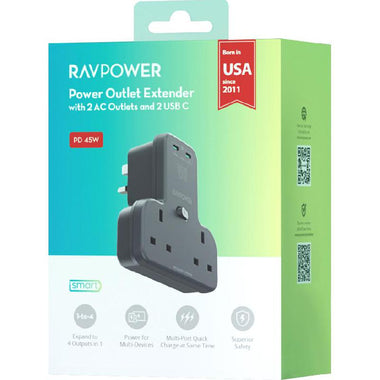 RAVPower RP-PC1065 GaN 45W Power Outlet Extender with 2 AC Outlets and 2 USB C - RP-PC1065