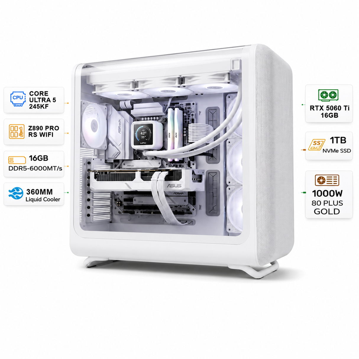 Custom Gaming PC Intel Core Ultra 5 245KF, RTX 5060 Ti 16GB, 16GB DDR5 6000MT/s RAM, 1TB SSD, Windows 11 Pro
