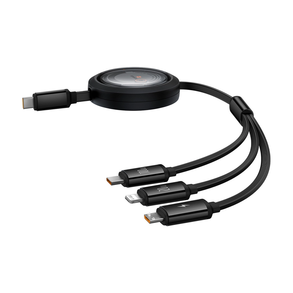كابل بيسيوس فري2درو قابل للسحب بتصميم كريستال للشحن السريع ونقل البيانات USB-C إلى M+L+C بقدرة 100 واط وطول 1.1 متر – كلستر بلاك