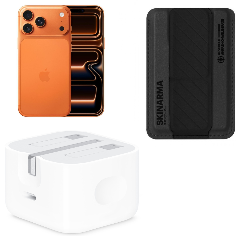 Bundle Apple iPhone 17 Pro Max(512GB)12GB RAM 6.9"-Cosmic Orange+APPLE 20W USB C Power ADAPTER+SKINARMA MAG-CHARGE CARD HOLDER WITH GRIP STAND ~ KADO-BLACK