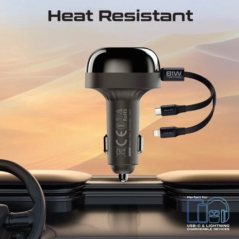 Promate 81W Multi-Port Car Charger with Retractable USB-C & Lightning Cables - BLACK
