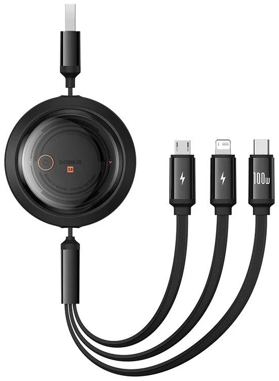 كابل بيسيوس فري2درو قابل للسحب بتصميم كريستال للشحن السريع USB-A إلى M+L+C بقدرة 100 واط وطول 1.1 متر – كلستر بلاك