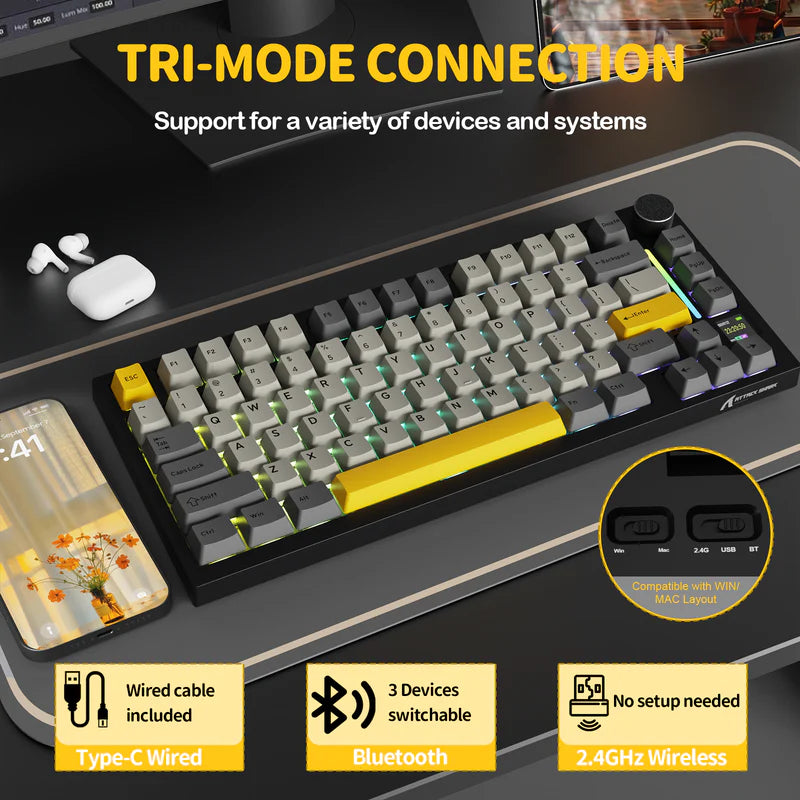لوحة مفاتيح ميكانيكية ATTACK SHARK X820 Ultra Tri-Mode 75% Gasket - Star Black Moon Light + Shark Switch
