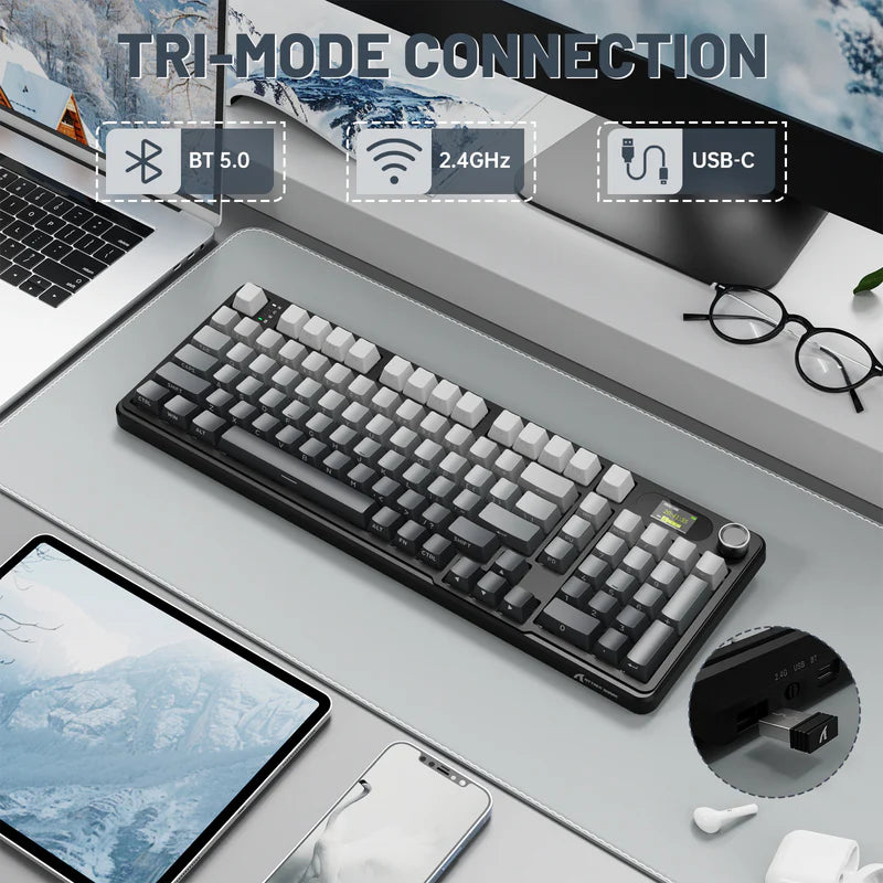 لوحة مفاتيح الألعاب ATTACK SHARK X98PRO بعدد 99 زرًا مع وضع اتصال ثلاثي، وشاشة عرض LED ملوّنة، ولوحة أرقام مدمجة - Gradient Black Blueberry Switch