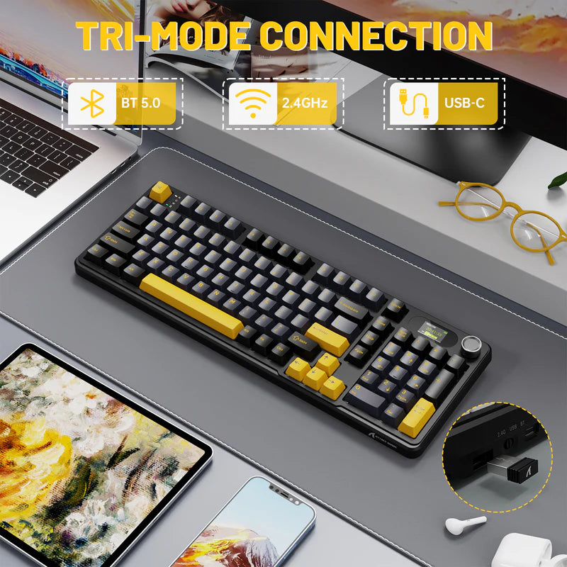 ATTACK SHARK X98PRO 99 Keys Tri-Mode Gaming Keyboard with LED Color Display & Number Pad - Black Star Blueberry switch (Arabic)