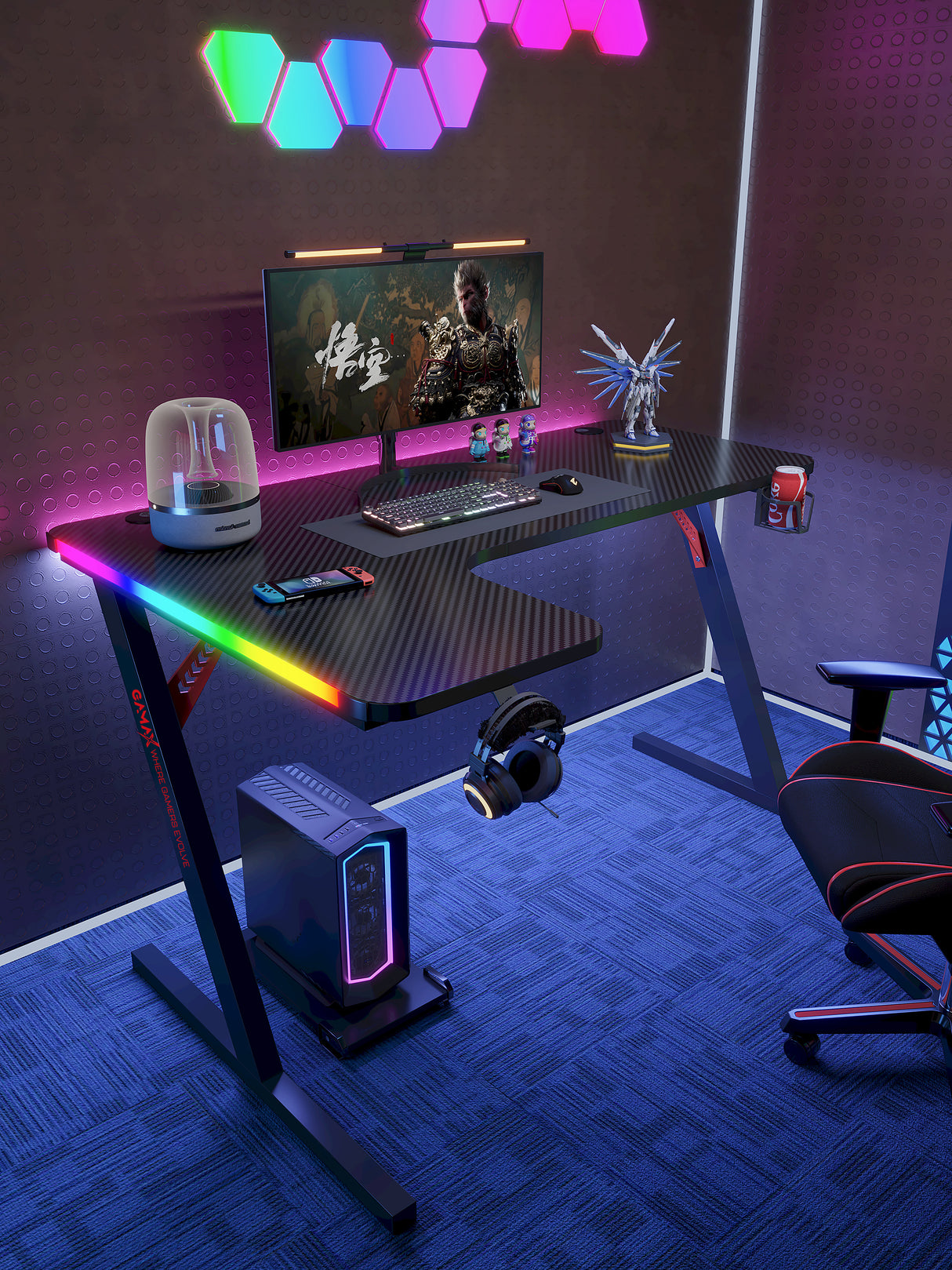 Gamax P201-LB RGB Carbon fiber Gaming Table 140*100*74 cm with Mousepad (L Shape - Left) - Black (Installation Not Included)