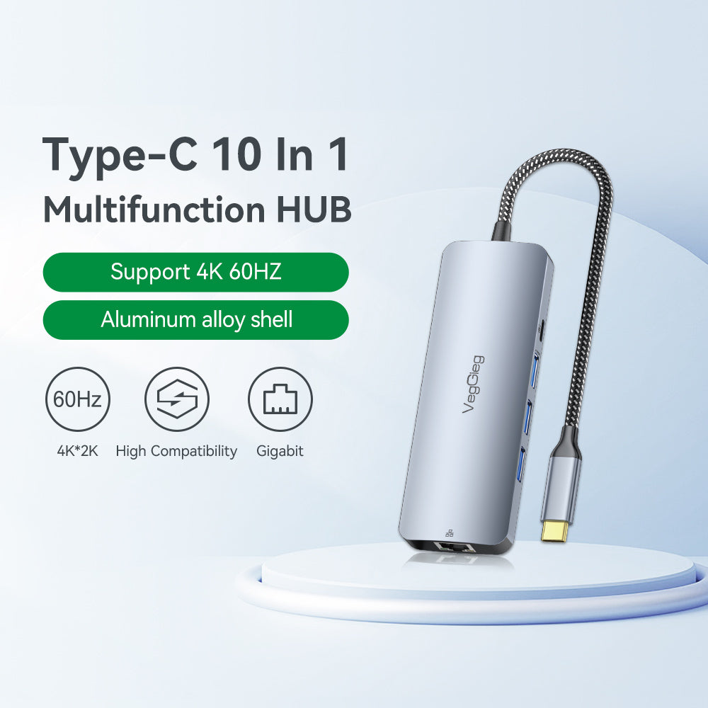 VegGieg Type-C to HDMI *1 + USB3.0*3 + PD Charging(100W) + Typec +RJ45 Gigabit +TF/SD +3.5MM  10-in-1 Docking Station Model V-TC10B