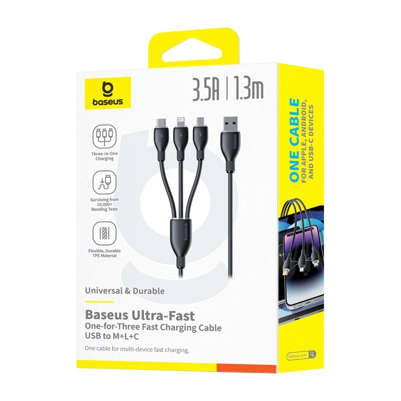 كابل بيسيوس فائق السرعة للشحن USB-A إلى M+L+C بطول 1.3 متر – أسود كوزمك
