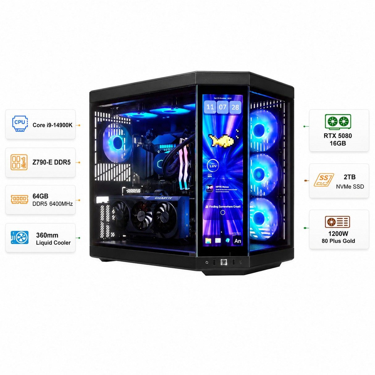 Custom Gaming PC Intel Core i9-14900K, RTX 5080 16GB, 64GB RAM DDR5 6400MHz, 2TB NVMe SSD, Windows 11 Pro