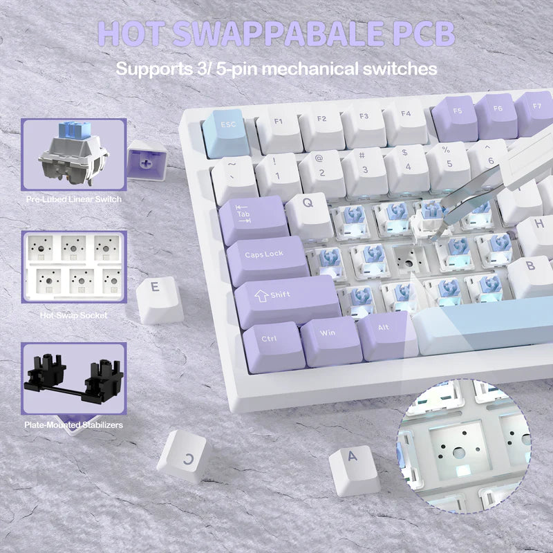 لوحة مفاتيح ميكانيكية ATTACK SHARK X820 Ultra Tri-Mode 75% Gasket - Star White Lavender + Shark Switch