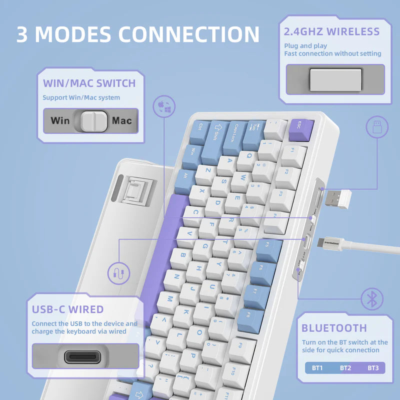 ATTACK SHARK X85 Tri-Mode 75% Gasket mounted Mechanical Keyboard - White Purple Jade Switch (Arabic)