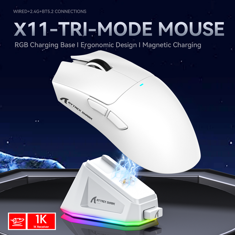 ATTACK SHARK X11 63g UltraLight Wireless Gaming Mouse with Charging Dock - White
