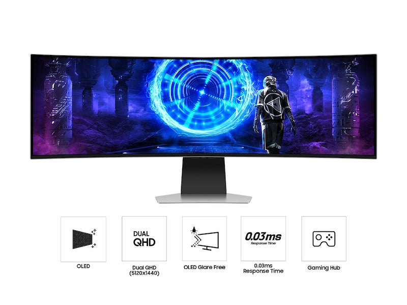Samsung Odyssey QD-OLED G9 model G95SD LS49DG952SMXUE, 49" Dual QHD, 240Hz Refresh rate, 0.03ms Response time, HDMI 2.1, G-Sync Compatible Curved Gaming Monitor