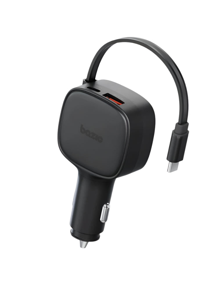 BAZIC GODRIVE LOOP 84, 1C1A CAR CHARGER WITH 75CM RETRACTABLE USB-C CABLE - BLACK