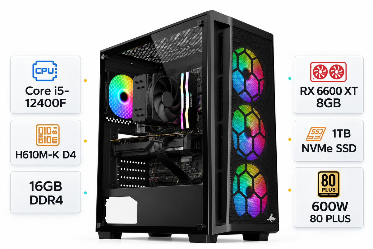 Custom Gaming PC Intel Core i5-12400F, Radeon RX 6600 XT 8GB, 16GB RAM DDR4, 1TB SSD, Windows 11 Pro