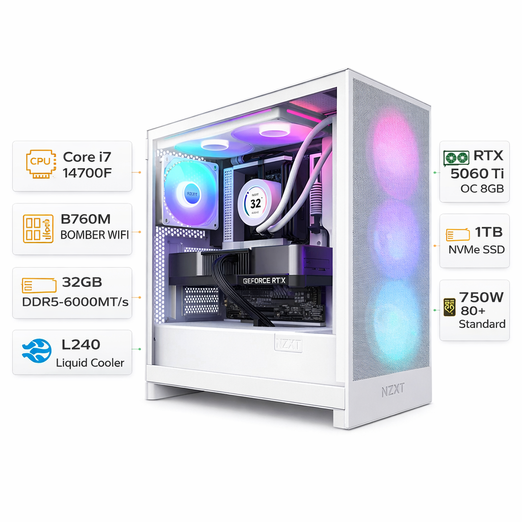 كمبيوتر الألعاب بمعالج إنتل كور آي٧-١٤٧٠٠ إف، كارت شاشة آر تي إكس ٥٠٦٠ تي آي سعة ٨ جيجابايت، رامات ٣٢ جيجابايت دي دي آر٥، هارد إن ڤي إم إي بسعة ١ تيرابايت، ويندوز ١١ برو