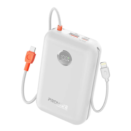 بنك طاقة بروميت فائق الصغر بسعة 30000 مللي أمبير، بقوة 35 واط، مزود بكابل USB-C وكابل Lightning مدمجين - أبيض