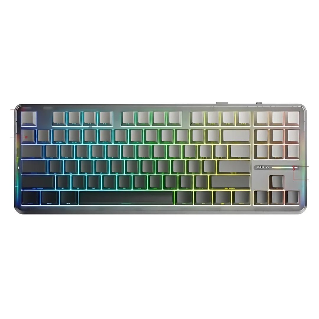 AULA F87 87 Keys Compact TKL Gasket Hot-Swappable Type-C Wired Gaming Keyboard LEOBOG Grey Wood V3 - Gradient grey
